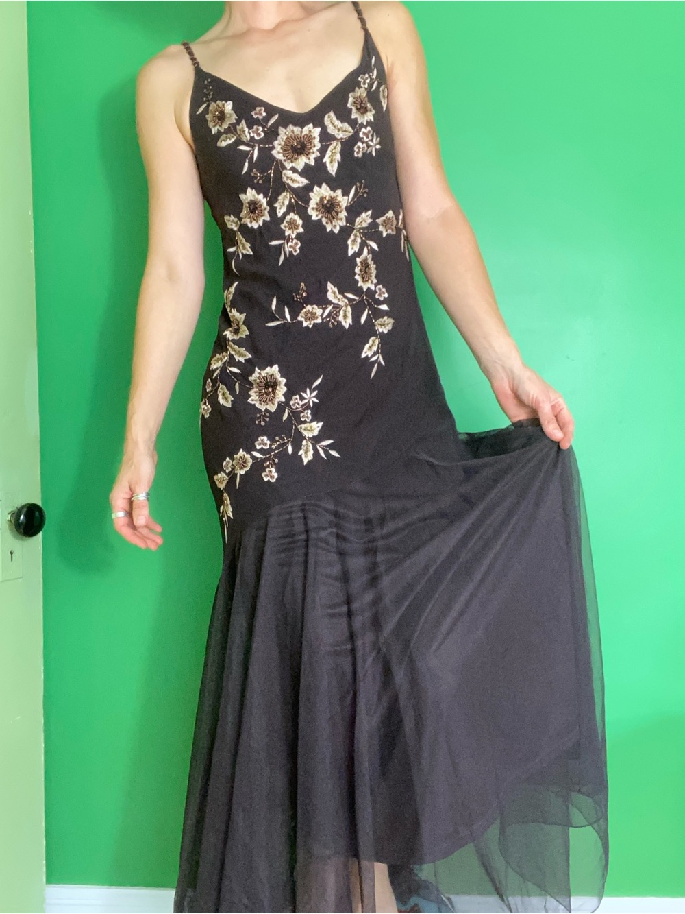 y2k Xscape Joanna Chen silk embellished floral beaded maxi dress prom brown - Picture 2 of 9